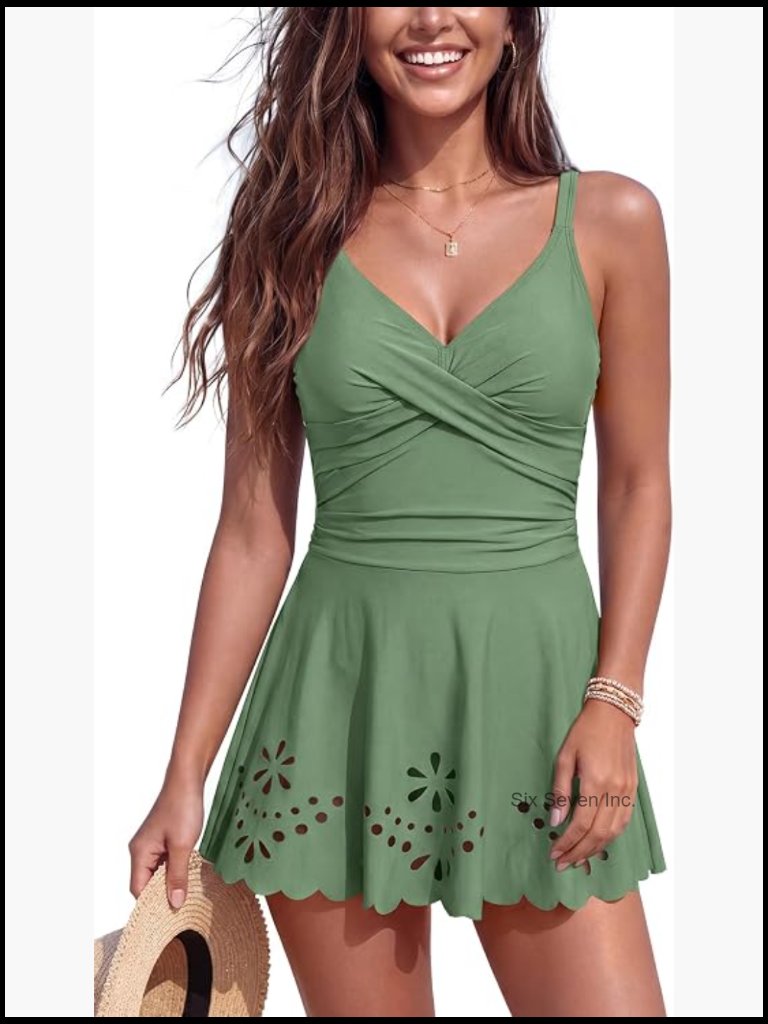 Twist Front V-Neck One Piece Swim Dress Tummy Control Ruched Swimsuits